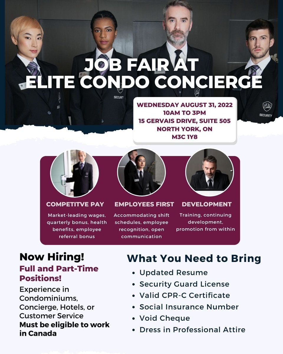 EliteCondo's tweet photo. JOB FAIR AT ELITE CONDO CONCIERGE
Wednesday August 31, 2022, from 10am to 3pm
15 Gervais Drive, Suite 505 North York, ON, M3C 1Y8
MUST BE ELIGIBLE TO WORK IN CANADA

https://t.co/vGwSk5rVA1
#nowhiring #jobfair #joinus #applynow #securityguards #concierge https://t.co/jRsZjm4pDB