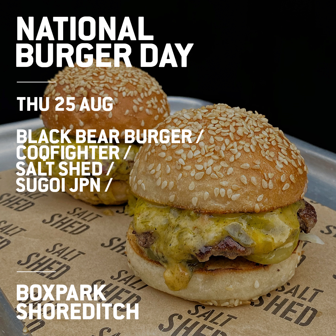 boxpark's tweet photo. #NationalBurgerDay is tomorrow! 🍔 If you’re a big burger lover, don’t miss out on our special offers and wide choice of mouth-watering patties. You can get your hands on a burger for just a fiver tomorrow with selected street food traders... | https://t.co/NWjaIVbgcq 😁👀 https://t.co/0FKXWIXUkb