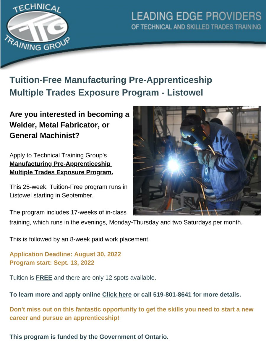 NorthPerth1's tweet photo. There is less than 1 week left to apply to TTG's Manufacturing Pre-Apprenticeship Multiple Trades Exposure Program!
Tuition is FREE and there are only 12 spots available.
Application deadline: Aug 30th. Program starts: Sept 13th.
Visit https://t.co/gnErttjLio or call 519-801-8641 https://t.co/gEwcXd6b3g