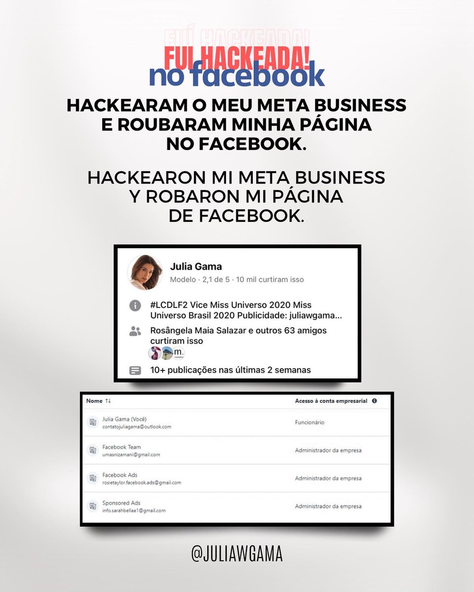juliawgama's tweet photo. Fui hakeada no Facebook e os criminosos conseguiram me tirar da administração das minhas páginas e estão produzindo  anúncios falsos.

Peço para que me ajudem denunciando a página, que infelizmente não consegui recuperar.

https://t.co/CHnWN6moDV https://t.co/LxnyBzMyQp