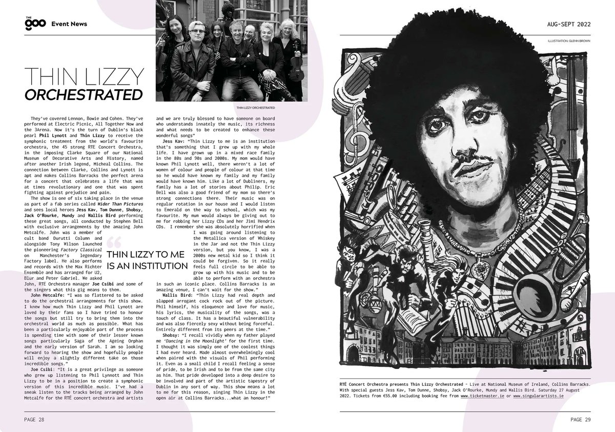 singularartists's tweet photo. Issue #3 of @theGOOdublin is OUT NOW 
Free to pick up across Dublin

Incl. this stun piece on Saturday's 
#widerthanpictures show
( illustration by Glenn Brown )

@rte_co Presents: 
@ThinLizzy_ Orchestrated 
27th August // @NMIreland 

Tix: https://t.co/UHrXT4EUzR https://t.co/hR4Urggf8m