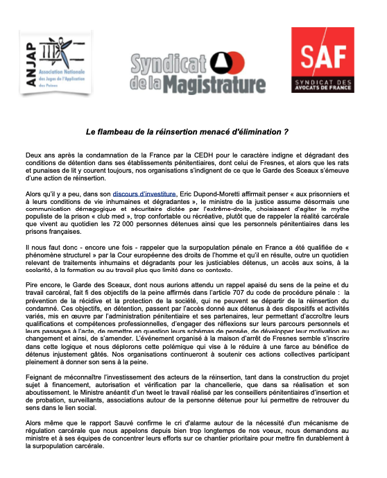 Plutôt que de parler de réinsertion ou des conditions indignes en détention, le ministre fait de la démagogie et surfe sur les idées les plus populistes dictées par l'extrême droite.
Notre CP commun ⬇️