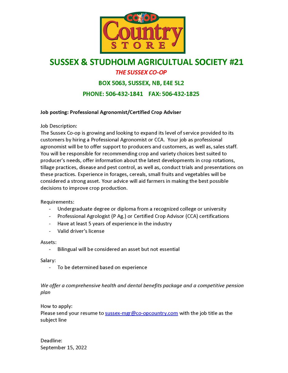 We are hiring!!! 
We are looking to fill two full time positions. Please apply by sending your resume to: sussex-mgr@co-opcountry.com by September 15th. Dont forget to put which job it is that you're applying to in the subject line!