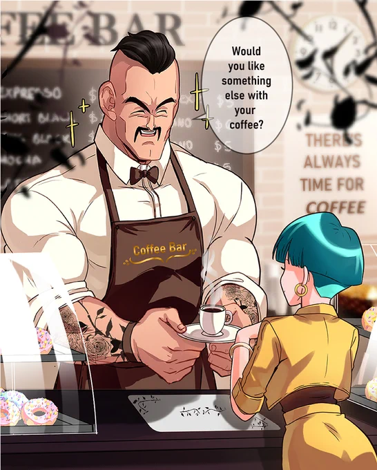 (Repost) "Coffee Shop AU/What if"
Here Nappa works as a barista and Bulma is single so Can I make it any more obvious? x3

Originally posted for the "Rare pair week event" #DragonBall 