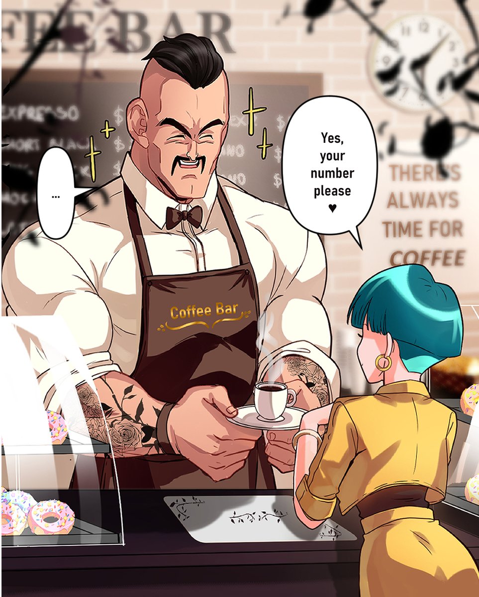 (Repost) "Coffee Shop AU/What if"
Here Nappa works as a barista and Bulma is single so Can I make it any more obvious? x3
Originally posted for the "Rare pair week event" #DragonBall