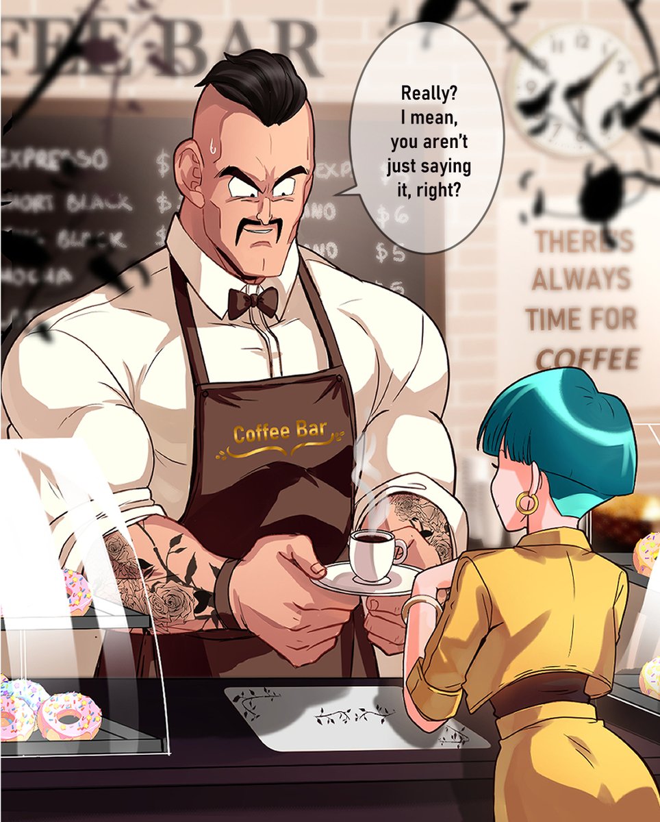 (Repost) "Coffee Shop AU/What if"
Here Nappa works as a barista and Bulma is single so Can I make it any more obvious? x3
Originally posted for the "Rare pair week event" #DragonBall