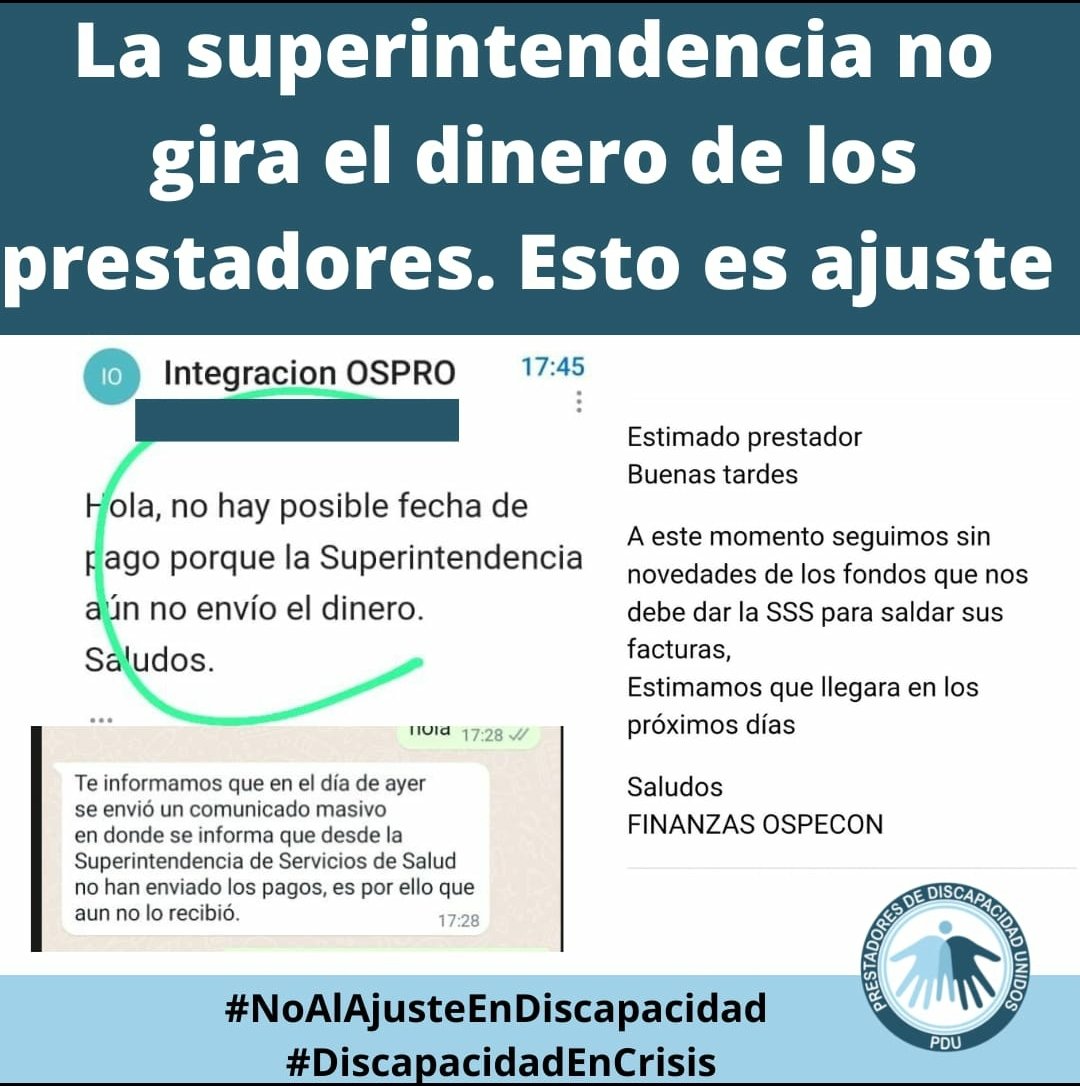 kriskobicho's tweet photo. Así presionan para que salga el DNU en discapacidad, la SSS no gira la plata a las O.S. estamos en agosto y aun no cobramos marzo, mayo, junio del 2022. 
#NoAlAjusteEnDiscapacidad 
#NOALDNU
#BastaDeVulnerarDerechos 
@SSSALUD 
@todonoticias 
@GuilleLobo 
@LANACION https://t.co/KfcPRJKIAU