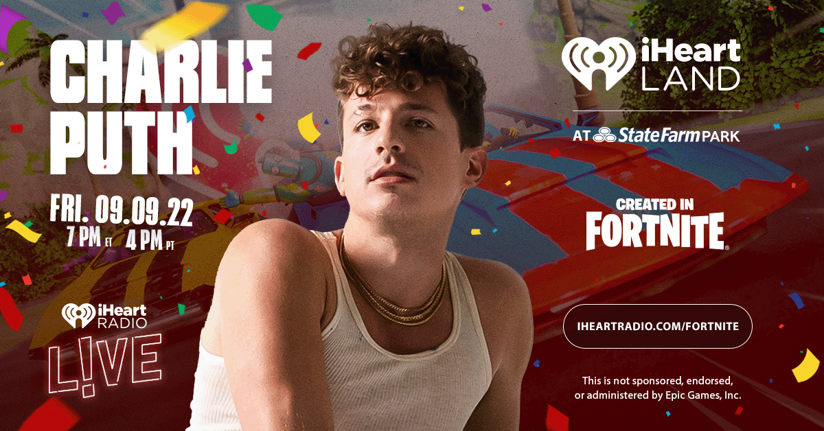 Z94Radio's tweet photo. .@charlieputh will ✨kick off our first✨ #iHeartLand event in @FortniteGame! His show will take place at @StateFarm Park inside iHeartLand on Sept 9th. Explore the new world now at https://t.co/XLm8fcw6lH or using island code 6144-7573-9391 #iHeartCharliePuth https://t.co/CayxIeYmMv