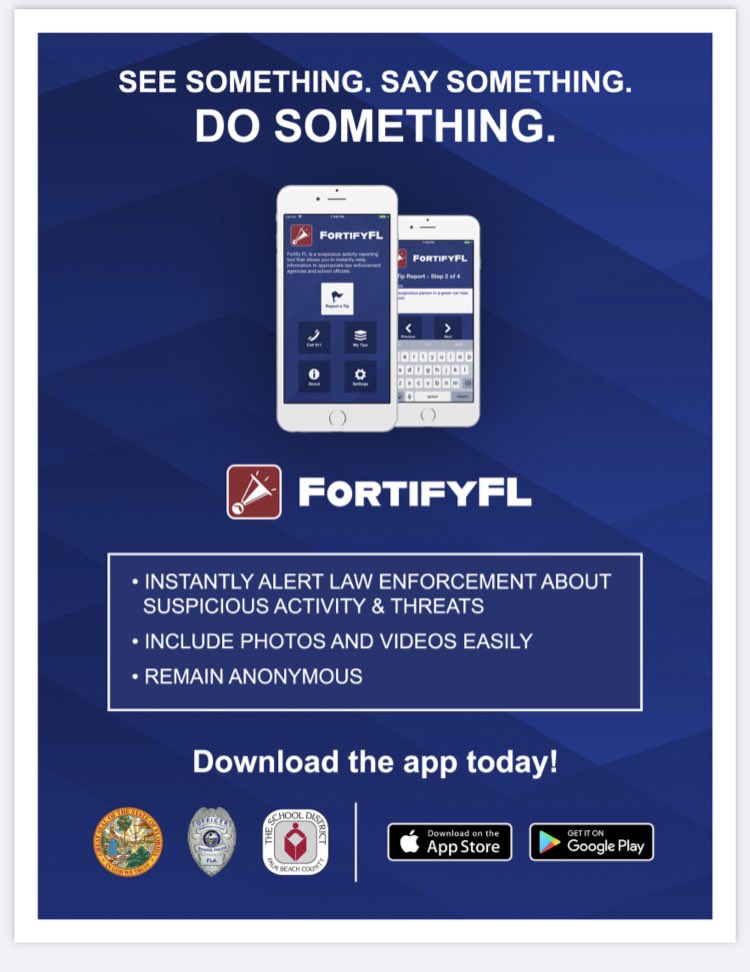 pjdaoust's tweet photo. Every PBC District and Charter School uses the FortifyFL platform (Yes, we check and monitor)! Download the app to report suspicious activity and threats. #safeschools @pbcsd @Ed_Tierney1 @lockgelly @PBSchoolsPD https://t.co/VBO3Pzhfnn