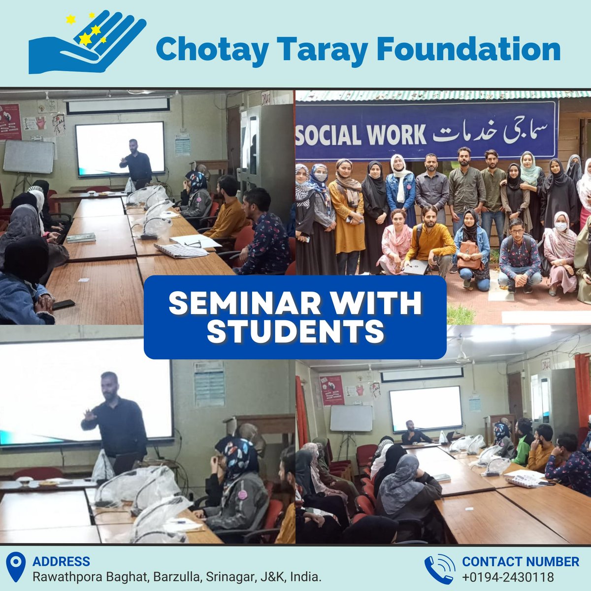 ChotayF's tweet photo. Arjumand Makhdoomi (Founder, CTF) delivering lecture on Social Work and the Contribution and Services rendered by his Organization Chotay Taray Foundation at Kashmir University Social Work Department with students of IV Semester pursuing Masters in Social Work. https://t.co/obm0xZvHSA