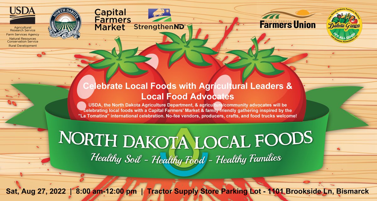 RD_NorthDakota's tweet photo. Join @USDA, @NDagriculture, & #localfoods advocates THIS SATURDAY (8/27) from 8am-Noon in Bismarck, #NorthDakota as we celebrate local foods w/ a Capital Farmers' Market. (Inspired by the "La Tomatina" int'l celebration, there may even be some friendly tomato-throwing!🤫🍅🫣) https://t.co/ufytdpdrZT