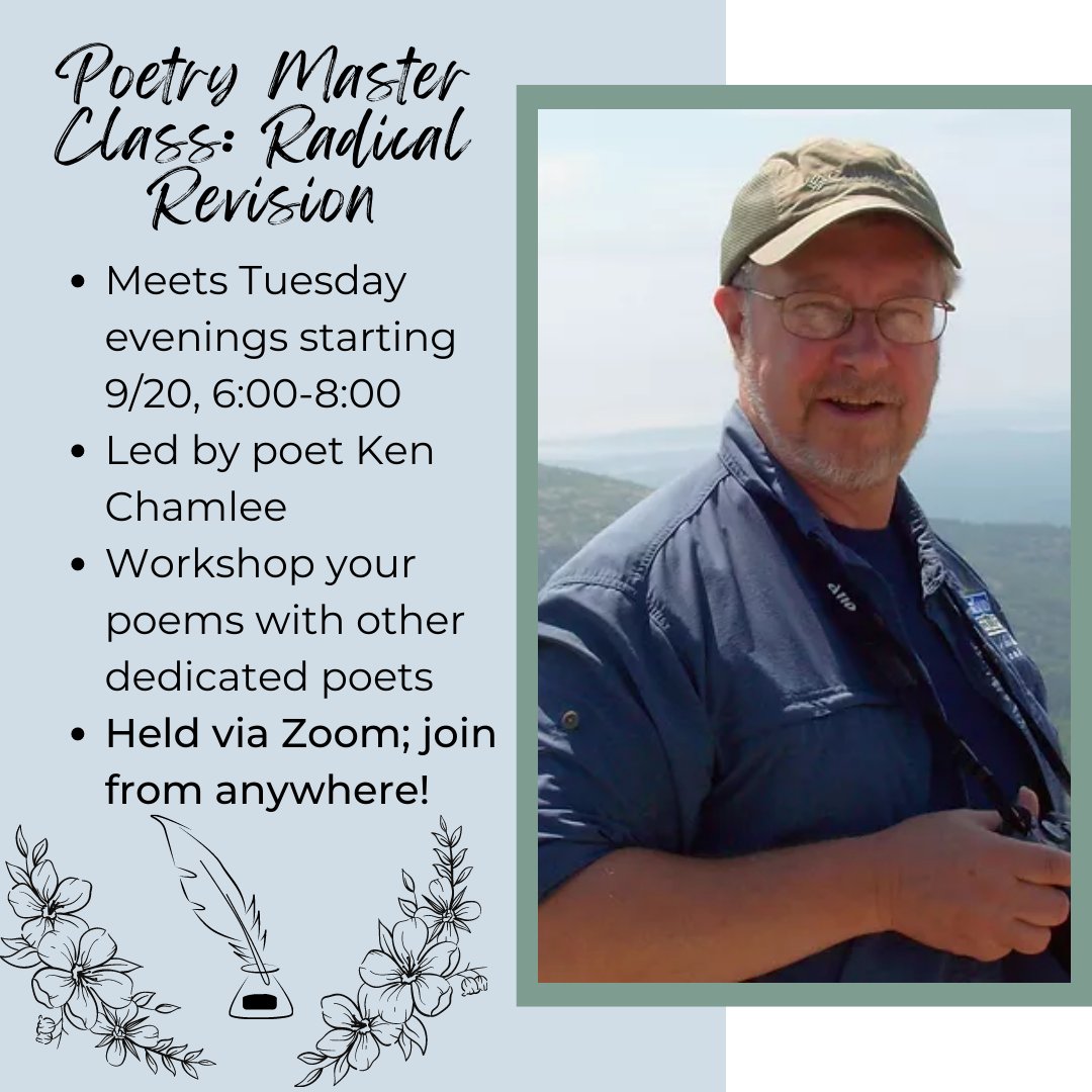 If you have a pile of draft poems that need some serious moving and shaking before they're ready for publication, sign up for <a href="/kenchamlee/">Kenneth Chamlee</a> 's Master Class"! Class starts 9/20 via Zoom so don't wait to register on our site: unca.edu/gswp