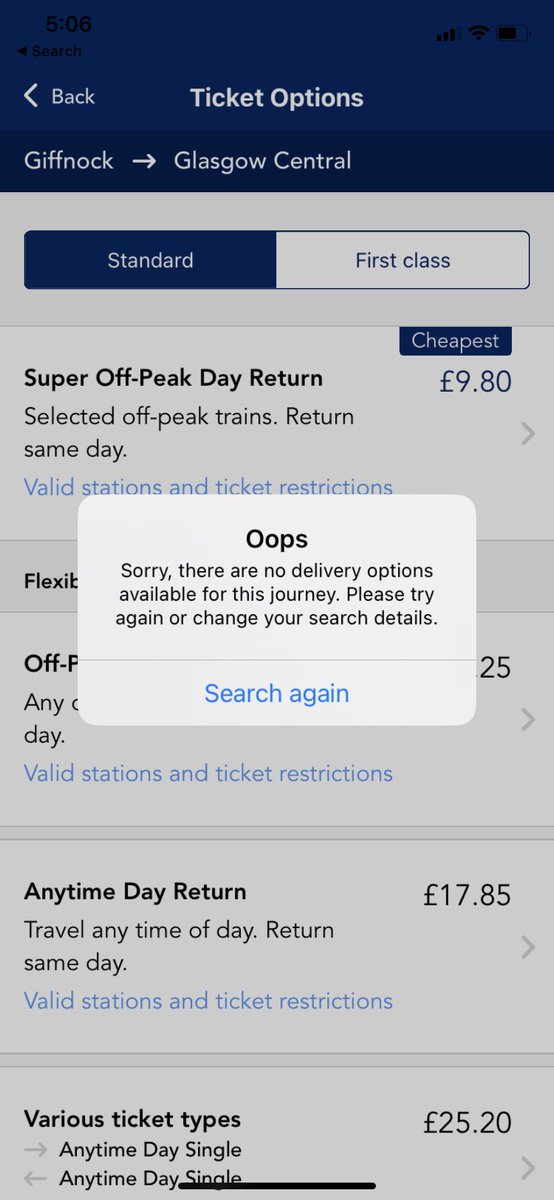 mickey2506's tweet photo. @ScotRail trying to buy return ticked on app and getting this error - only getting this when I select cheaper journey option of super off peak return https://t.co/jHqfB8SVOC