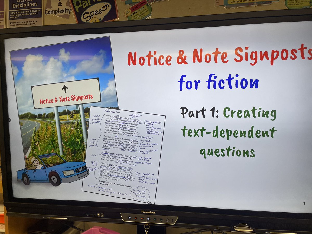 Hell2Teach's tweet photo. Starting our #NoticeAndNoteSignposts unit for fiction by practicing close reading and asking text dependent questions. @MCMS_Panthers #TeamOPUSD https://t.co/oEBU7UnZzC