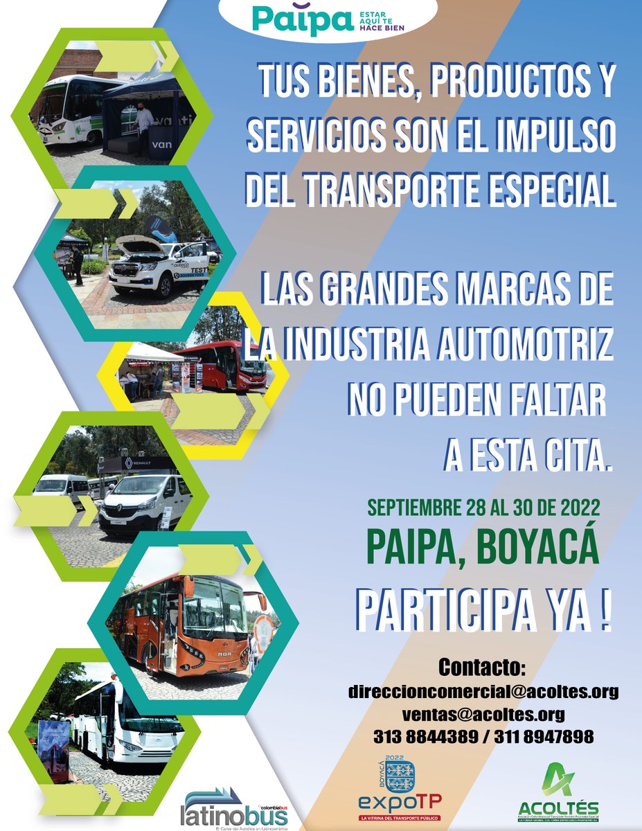 El momento de encontrarnos se acerca. Del 28 al 30 de septiembre Paipa, Boyacá será el escenario ideal para que las grandes marcas sigan siendo el respaldo del Transporte Especial. No puedes faltar. <a href="/Acoltes/">ACOLTÉS</a> <a href="/latinobus/">Latinobus</a>
