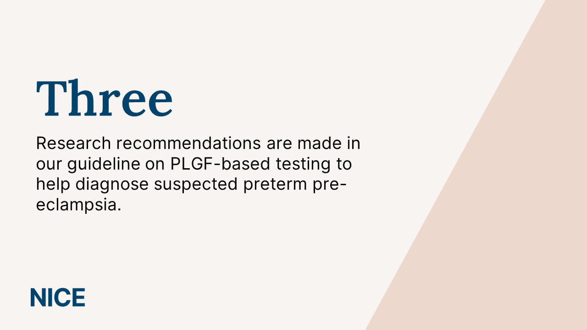 NICEComms's tweet photo. Many NICE guidelines contain @NIHRresearch funded research recommendations.
Our guideline on PLGF-based testing to help diagnose suspected preterm pre-eclampsia includes three areas where our committee requested more research.
Learn more: https://t.co/cgMllZf84J #NICEResearch https://t.co/Jjxovl1fQn