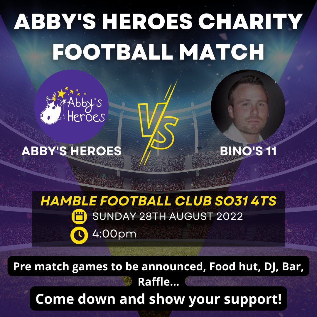 abbys_heroes's tweet photo. THIS SUNDAY! Our charity football match is nearly here, come cheer us on and show your support!⚽ #fundraising #charityfootballmatch #teamabbysheroes #teambinos11 #hamblefc #hamblefootballclub #ukcharity #childrenscharity #cancercharity #childhoodcancer #abbysheroes https://t.co/6NpIe234KM