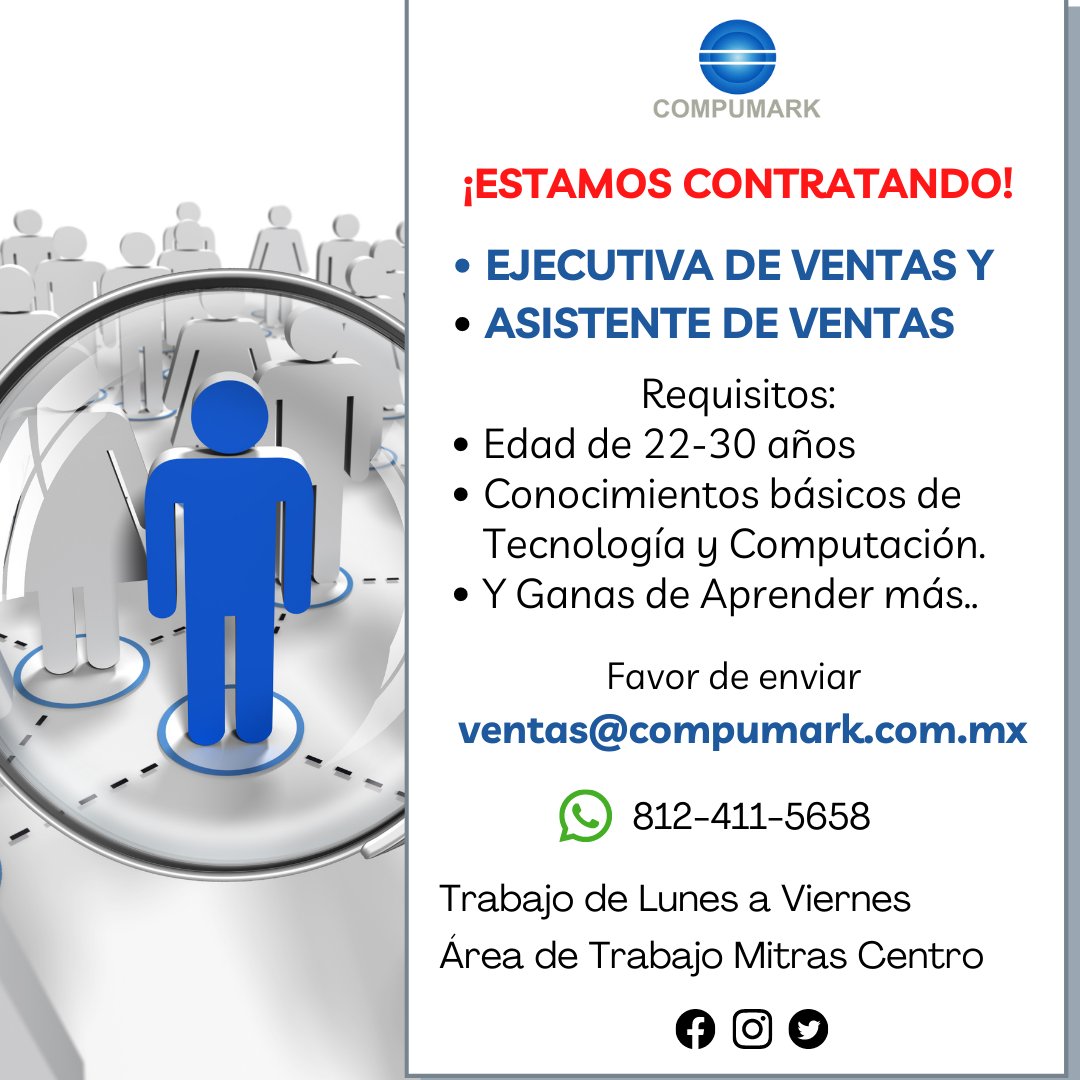 CompumarkMty's tweet photo. ¡Estamos contratando!
Envianos tu CV a ventas@compumark.com.mx https://t.co/ZAI7wL9AVh
