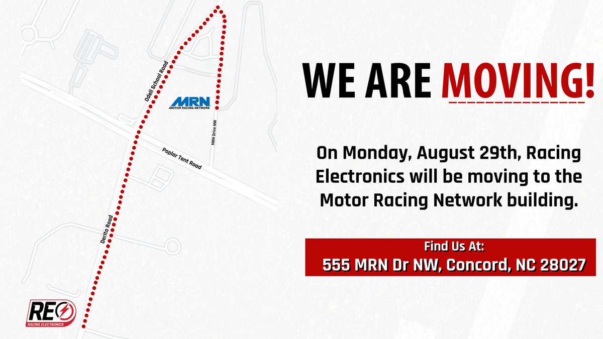 👉 On Monday, August 29th, Racing Electronics is moving to the Motor Racing Network building! 👈

We look forward to seeing you at our new location at:
555 MRN Dr NW
Concord, NC 28027.

#REequipped | <a href="/MRNRadio/">Motor Racing Network</a> | <a href="/NASCAR/">NASCAR</a> | #NASCAR