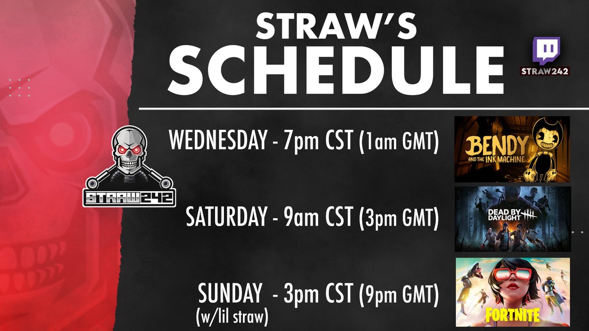 straw242gaming's tweet photo. 🚨ANNOUNCEMENT🚨 Playing some different ones in the upcoming streams!! Come hang in with #TeamStraw #twitch #twitchaffiliate #pc #PCGaming #videogames #gaming #Bendy_and_the_ink_machine #DeadbyDaylight #Fortnite #Straw242 #straw242gaming https://t.co/yJvQwpZy3K