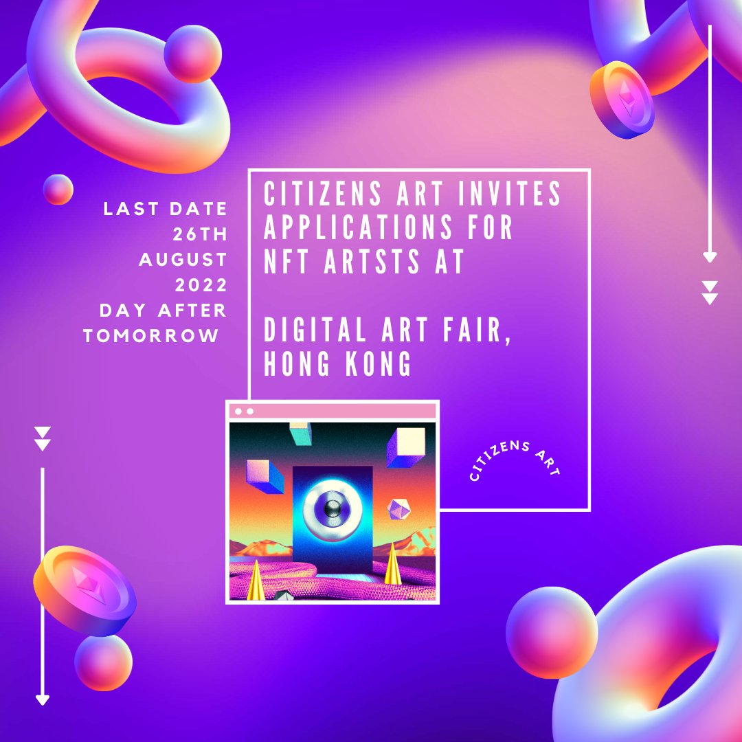 citizens_art's tweet image. Open call for #NFTartists @digitalartfair 
I will be curating a small section at Digital Art Fair, Hongkong. Last date is day after tomorrow.
Check out t&amp;amp;c. Do send your applications to citizensartgallery@gmail.com asap.

#digitalartfairasia #opencall #nftartist #nftart #nftexpo