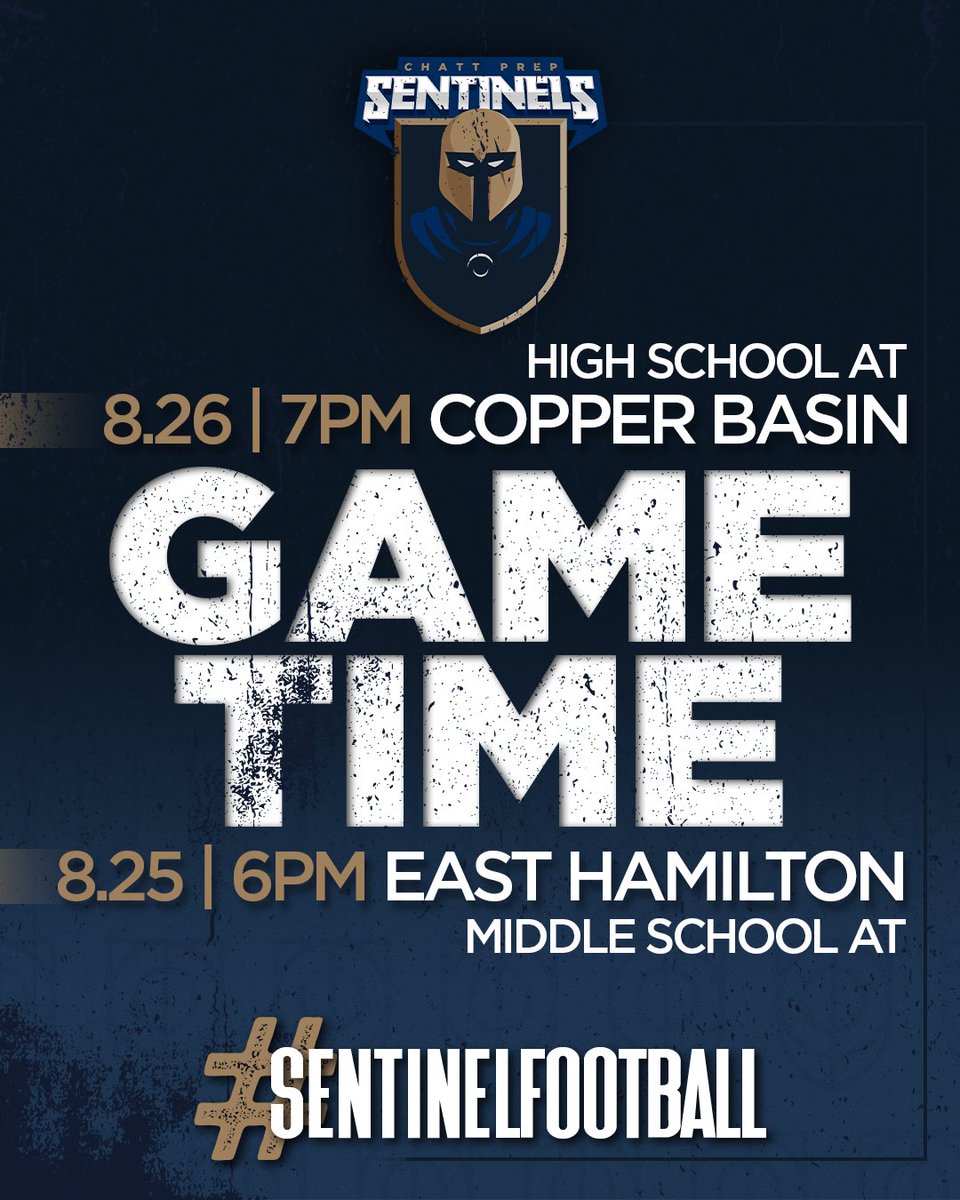 PrepChattanooga's tweet photo. 🏈 Make sure you catch all of the football action this week!
Our Middle School program will be playing East Hamilton tomorrow, Aug. 25th at 6pm and our High School program will be traveling to Copper Basin this Friday, Aug. 26th, with a start time of 7pm.
#sentinelfootball https://t.co/xop0bphaLz