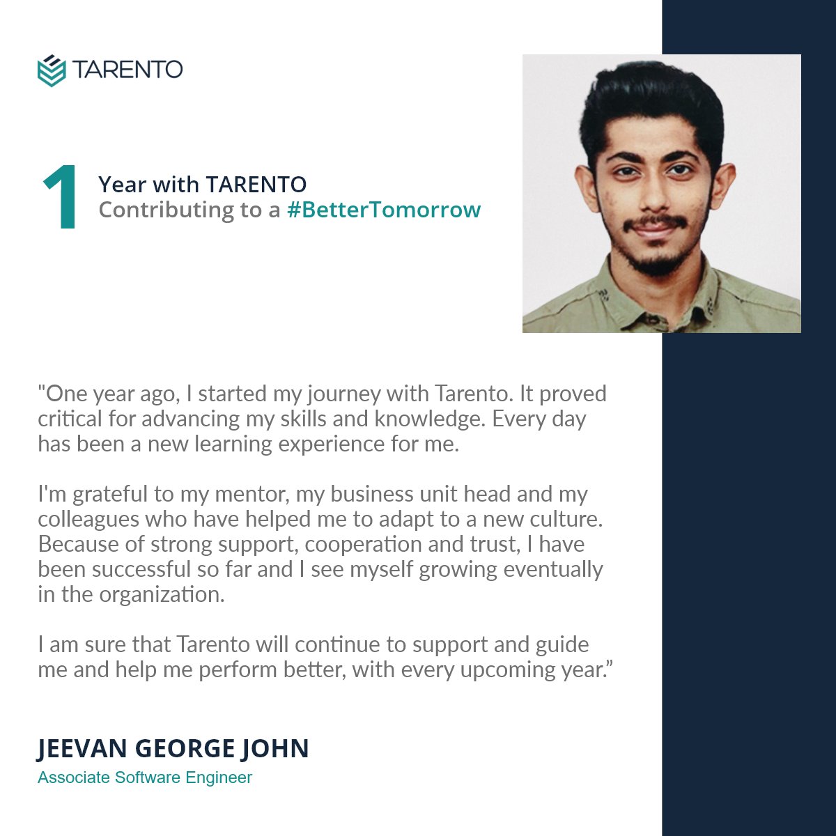 tarentogroup's tweet photo. We are happy to celebrate and congratulate Jeevan on marking the yearly anniversary with us.
Here's a detailed note from Jeevan sharing his journey with us so far.
#TarentoGroup #TarentoIndia #EmployeeSpeaks #WorkAnniversary #EmployeeExperience https://t.co/2MSlYc45jO