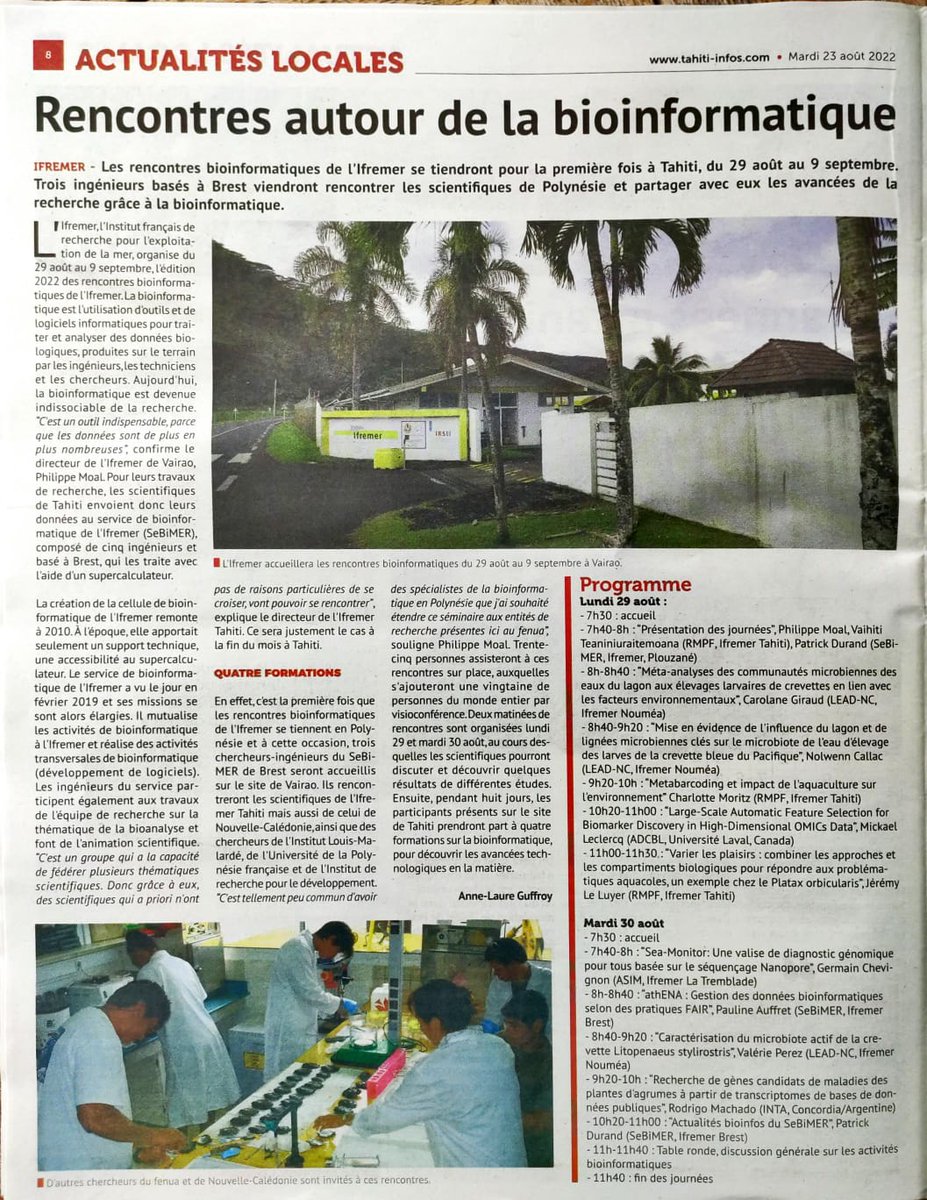 CyrilNoel02's tweet photo. Tahiti infos (journal local de Tahiti) du 28/08/2022. Intervenue de Philippe Moal sur la venue du SeBiMER au centre Ifremer de Tahiti @Ifremer_fr #SeBiMER #Binformatique https://t.co/s36ZUwlQck