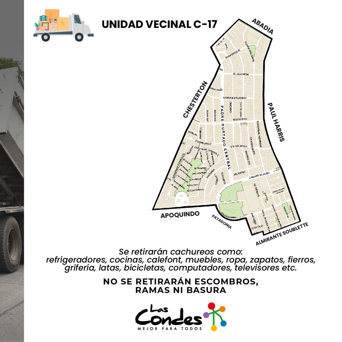 👀 ¡Atención vecinos de la UV C-17! Este sábado 27/8, entre 8 y 16 horas, recogeremos lo que ya no ocupen en su hogar. 🚛🚍 

¡RECUERDEN DEJAR LAS COSAS FUERA DEL DOMICILIO ANTES DEL MEDIODÍA! ⏰

Más info 👉 bit.ly/325Ecbw 

#LasCondesTeCuida #LasCondesVerde

<a href="/LC_aseo/">Dirección de Aseo</a>