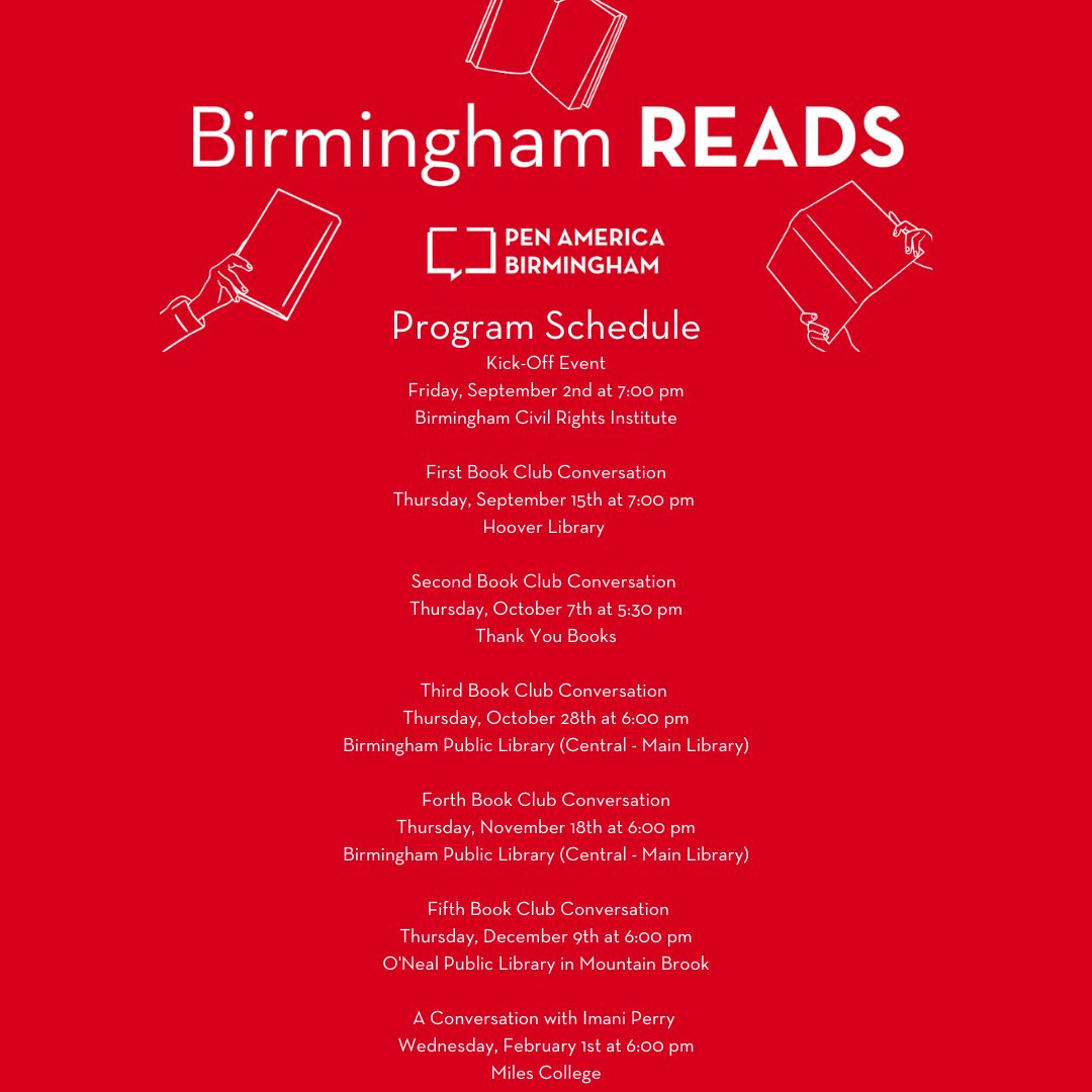 Join <a href="/PENamerica/">PEN America</a> Bham Chapter in its new BIRMINGHAM READS initiative, featuring Imani Perry! Learn more and register for our kickoff event at the Birmingham Civil Rights Institute next Friday!

It's a celebration! 

pen.org/event/birmingh…