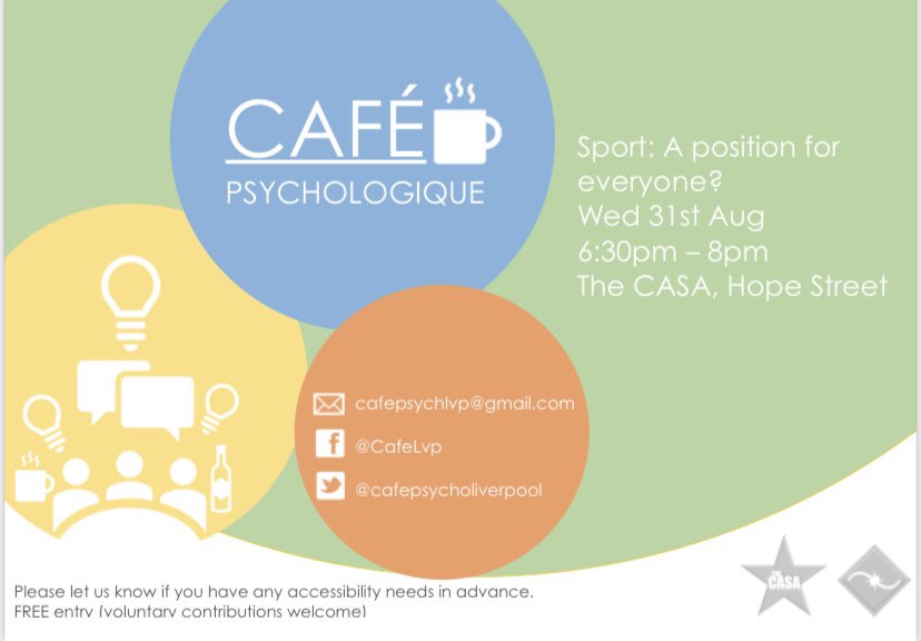 CafeLvp's tweet photo. Join us @CasaLiverpool to discuss and explore this month’s hot topic - Sport: A position for everyone? All welcome, both faces old and new. Looking forward to seeing you there! https://t.co/ggIQu2vU1I