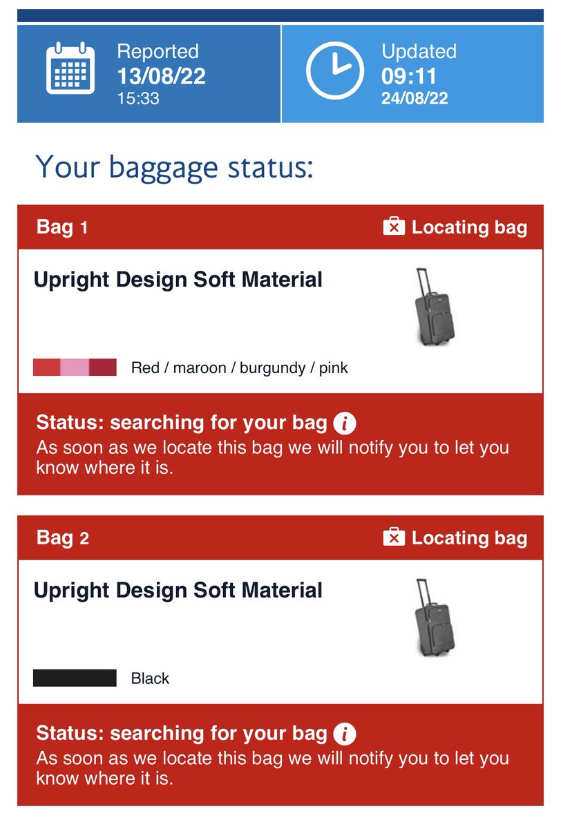 felicitybright's tweet photo. @British_Airways 11 days still no bags and heading back to the US where I live this weekend. Had no clothes my whole trip to the UK and a severe lack of communication and mixed messages. Just terrible!!!!!!! https://t.co/yD4uX0Cs1l