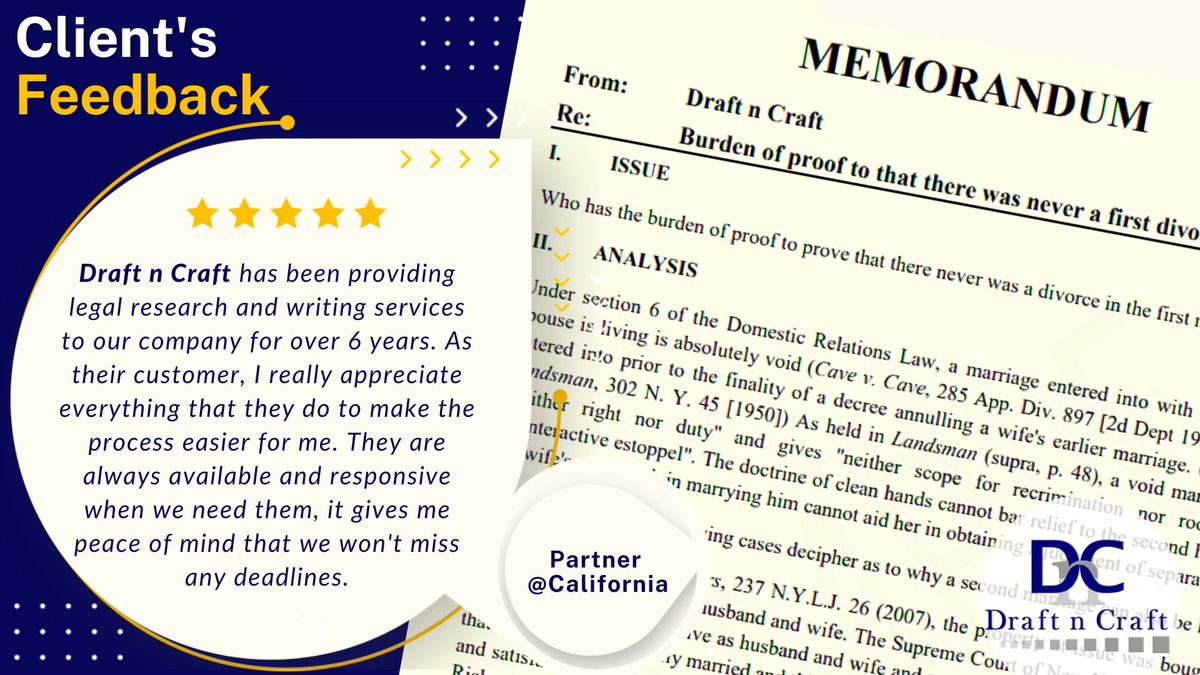 draftncraft's tweet photo. #DraftnCraft has been providing #legalresearch &amp; writing services to our company for over 6 years. As their customer, I really appreciate everything that they do to make the process easier for me. They are always available and responsive when we need them..
.
.
#clienttestimonial https://t.co/PGKT7uTX9F