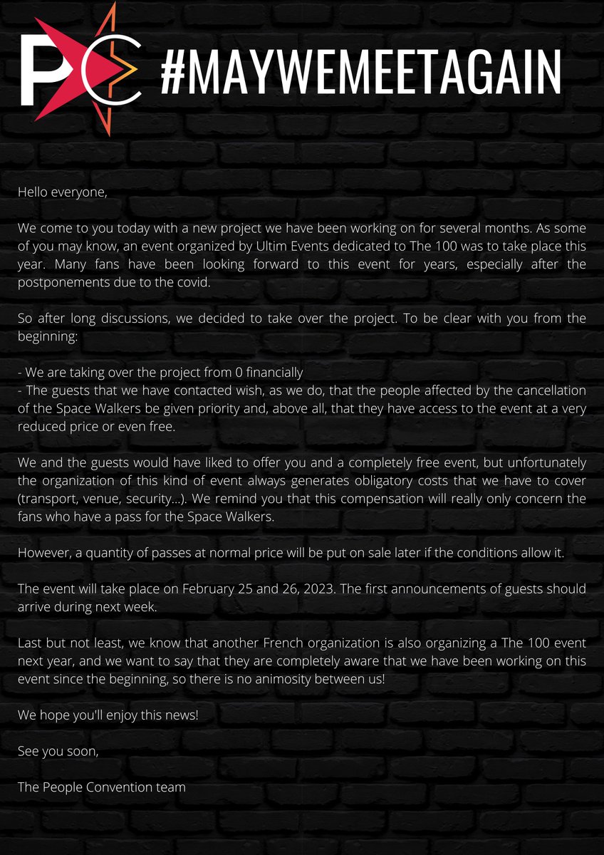peoplecons's tweet photo. #MWMA | Nous travaillons sur un événement The 100 ! Plus d'informations dans ce communiqué pour les personnes qui devaient assister à la Space Walkers ! // We are working on a The 100 event. More information in this statement for those who were to attend the Space Walkers! ⬇️ https://t.co/34rXlOo9pW