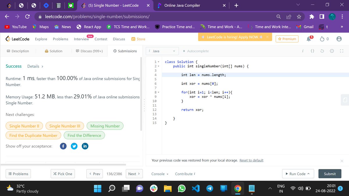 Tharunkumar1411's tweet photo. Day 35/100 #100DaysOfCode 

learn about the xor bitwise operator and solve a problem on leetcode.

#java #leetcode #problemsolving  #bitwise https://t.co/6JdpxIi7Zq