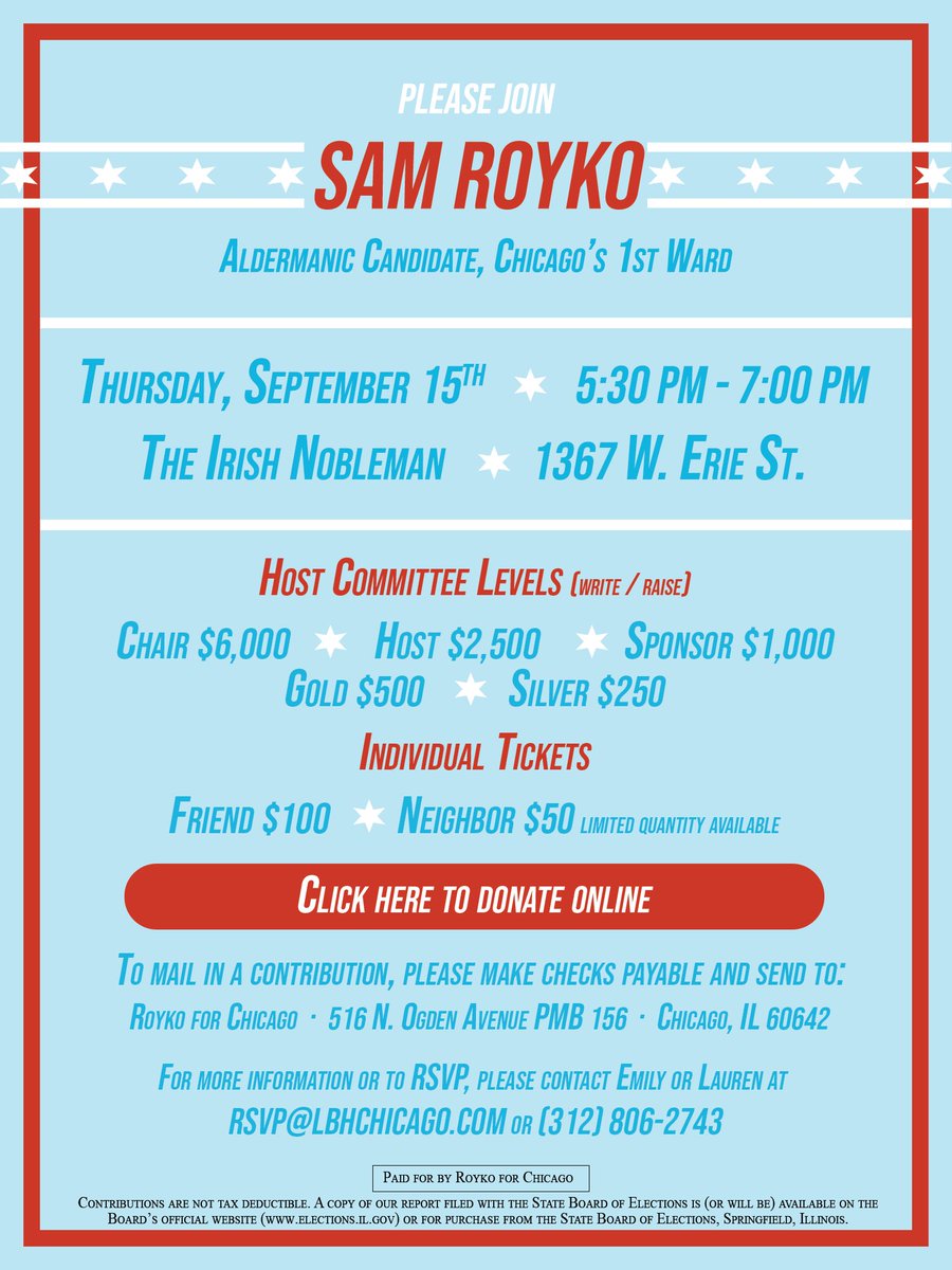 RoykoForChicago's tweet photo. I hope you will support my candidacy by joining me on Thursday, September 15 between 5:30pm and 7:00pm for my first campaign fundraiser @IrishNobleman (1367 W Erie) to discuss how we can build a better 1st Ward, together. https://t.co/3Vh4MBWGxx