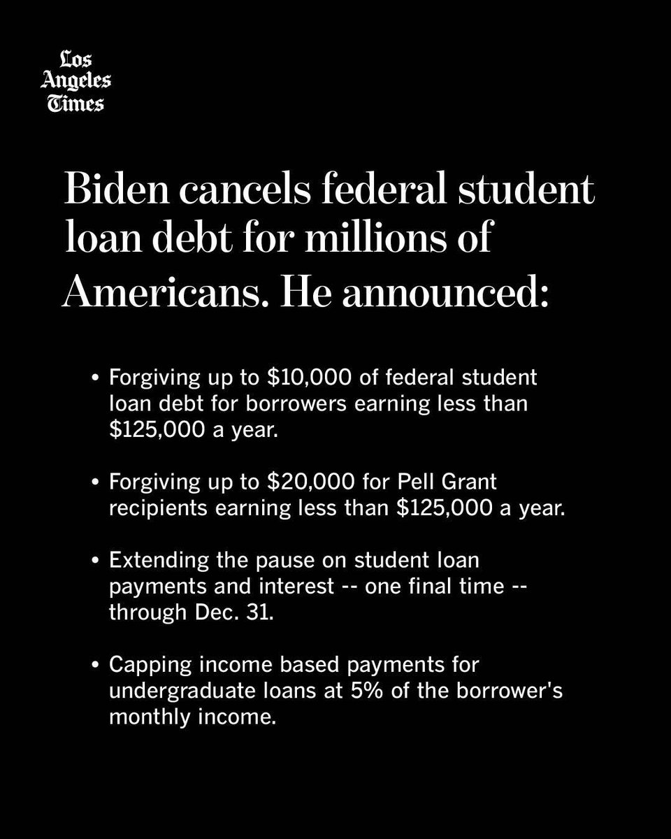 latimes's tweet photo. President Biden confirmed his long-awaited decision on student loan forgiveness in a tweet. He will make the official announcement in a speech from the White House at 11:15 a.m. Pacific time.

Read more: https://t.co/c2sDN3pZti https://t.co/xAv28apHUl
