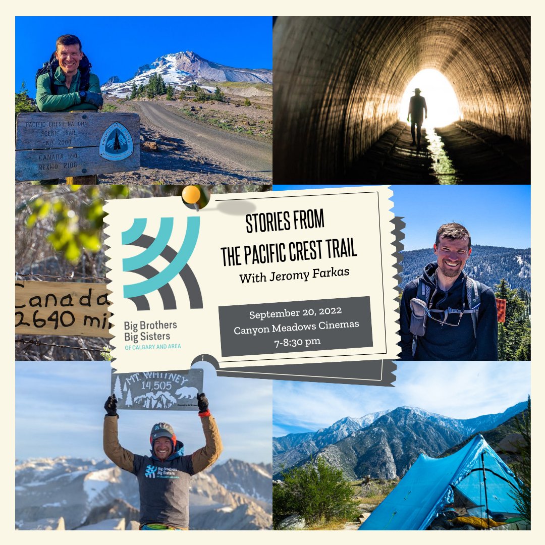 Join @JeromyYYC at Canyon Meadows Cinemas on September 20 from 7-8:30 pm for an in-person multimedia review of his incredible 4200 km trip along the Pacific Crest Trail! All proceeds go towards mentoring programs at BBBS Calgary. Visit ow.ly/5vaL50Krn4c to get your tickets.