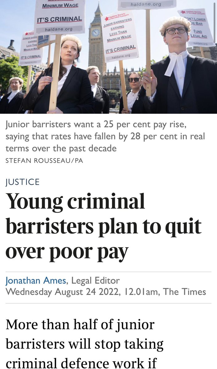 crimlawuk's tweet image. I don't think the government realises that the barrister strike is not really a strike at all. 

For most junior criminal barristers it is the end of the line.  

They just can't survive on legal aid rates. 

So they will just leave and do something else. 

They are very clever.