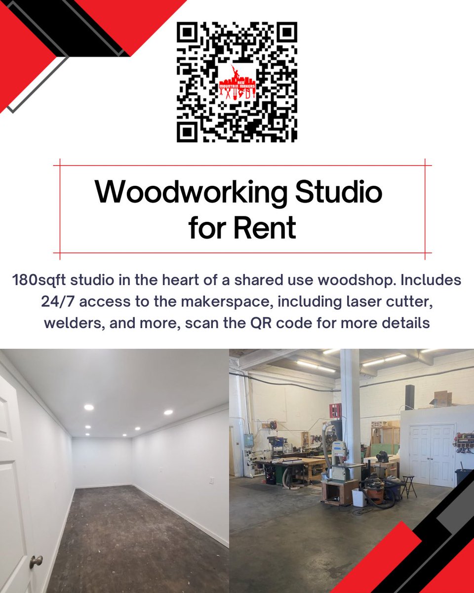 Notice: LAST ROOM rental available!

Don’t miss your chance to be a part of an innovative, creative, collaborative environment that can help your business or craft thrive. Scan the QR code or go to link below to find out more:

redmountainmakers.org/Studio-Rental-…