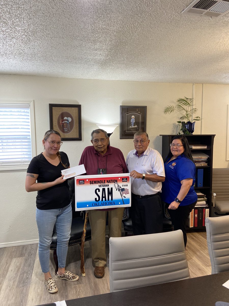 Former Chief Jerry Haney was awarded a prize yesterday for being the winner of The Seminole Nation tag redesign contest.