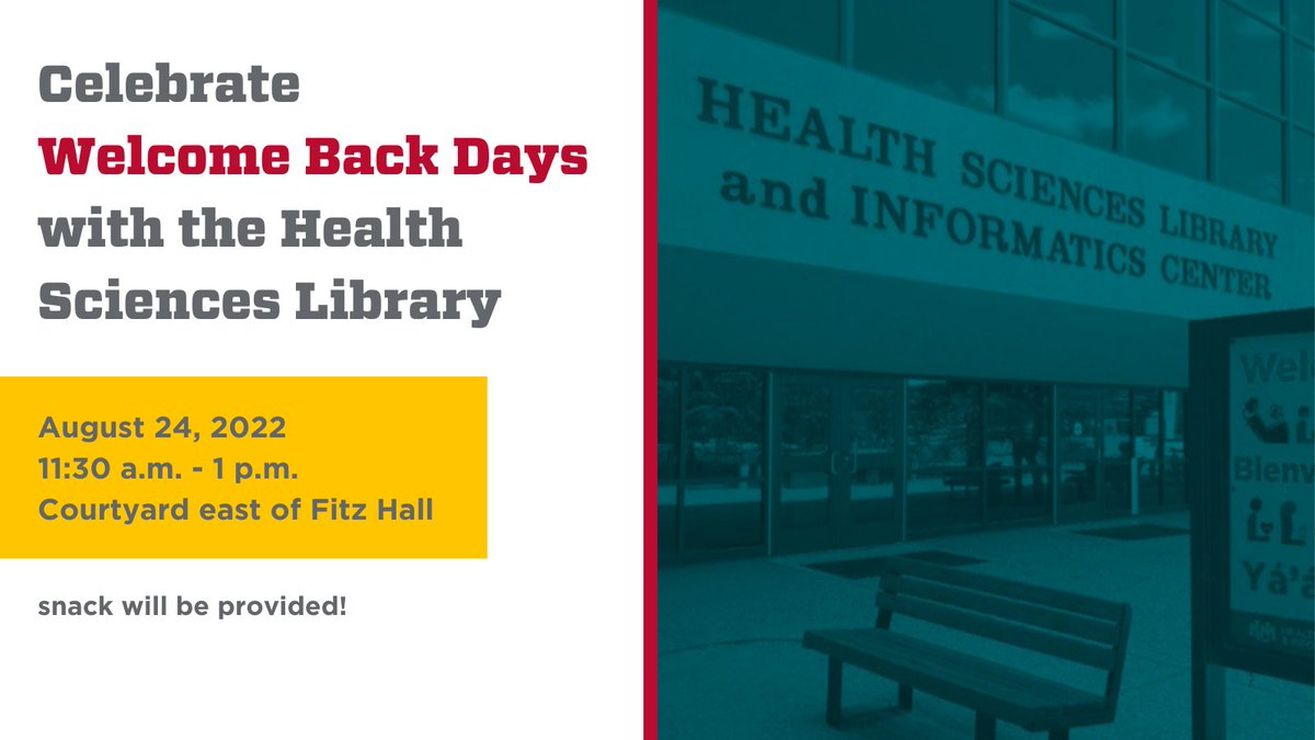 unmhslic's tweet photo. We look forward to seeing everyone at #WelcomeBackDays today on @UNM's North Campus! Stop by, grab a snack, and ask any questions you have about what services the Health Sciences Library provides to students. #BacktoSchool2022 https://t.co/BP7OzcTdv1