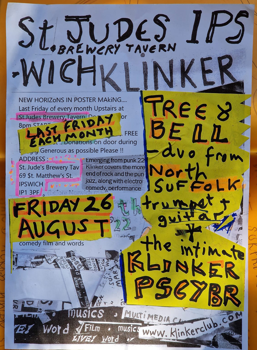 Klinker St. Judes
Brewery Tavern - This Friday 26th August
Doors open from 7.30pm

Tree and Bell 
Chris Dowding Trumpet
and Dave Pullin guitar
Klinker Pscybr dance with Nick Spall Hughie Metcalfe And Friend
#klinker #livemusic #ipswich #suffolk #cafeotto #woodbridge