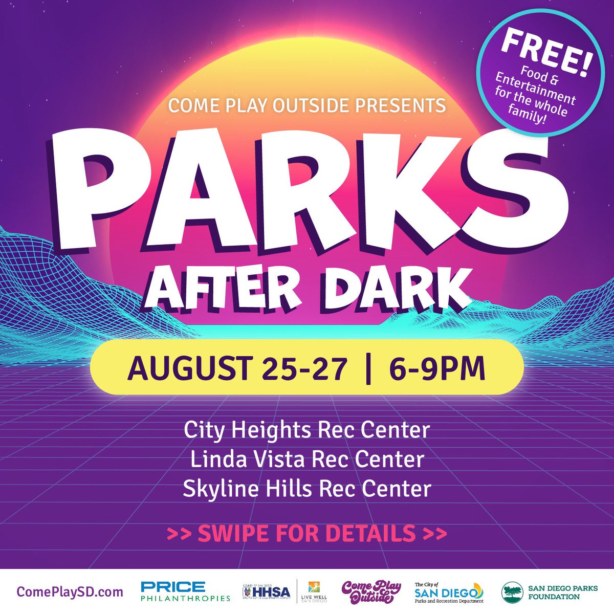IluvparksSD's tweet photo. Join us for our final weekend of Parks After Dark!
Thurs, Fri & Sat from 6-9 p.m. at City Heights, Linda Vista, and Skyline Recreation Centers.
Check out the schedule of activities. There’s something for everyone!
#comeplayoutside #parksafterdark https://t.co/ylVTlzqgW4