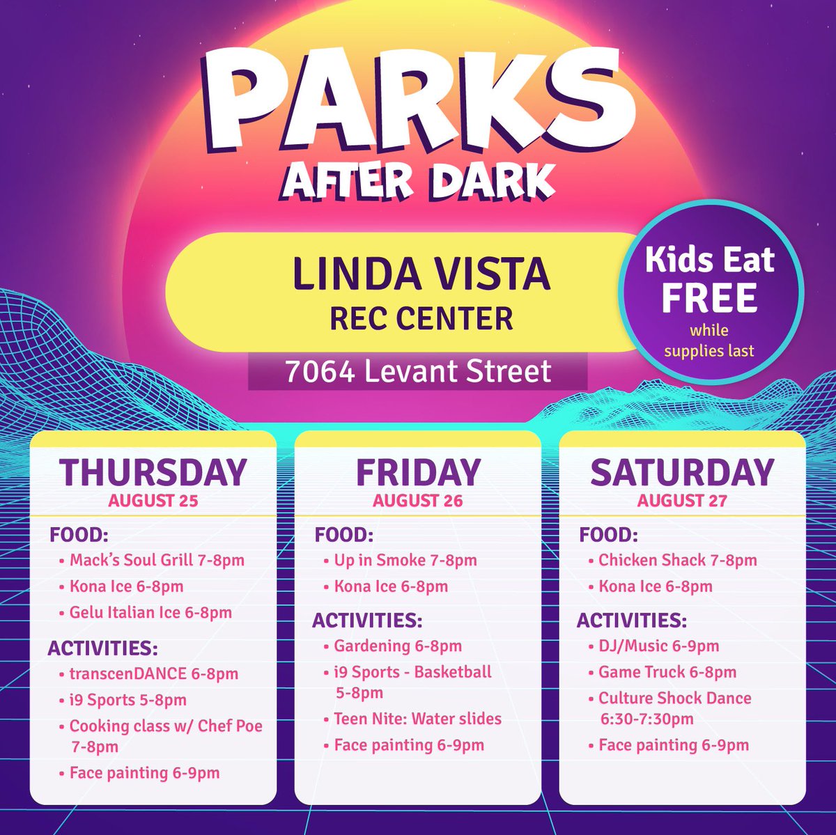 IluvparksSD's tweet photo. Join us for our final weekend of Parks After Dark!
Thurs, Fri & Sat from 6-9 p.m. at City Heights, Linda Vista, and Skyline Recreation Centers.
Check out the schedule of activities. There’s something for everyone!
#comeplayoutside #parksafterdark https://t.co/ylVTlzqgW4