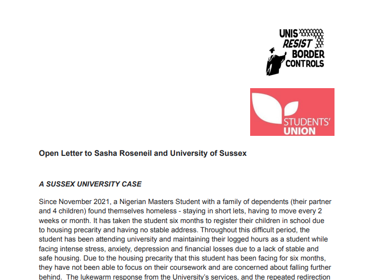 UnisNotBorders's tweet photo. Today @rikoussu, from @USSU & @UnisNotBorders submitted the #GlobalExploiters letter signed by 200 staff & students about #HostileEnvironment policy & how it's causing barriers for migrant students, including accessing safe housing.
We look forward to @SussexUni response. https://t.co/xFUgnUovWo