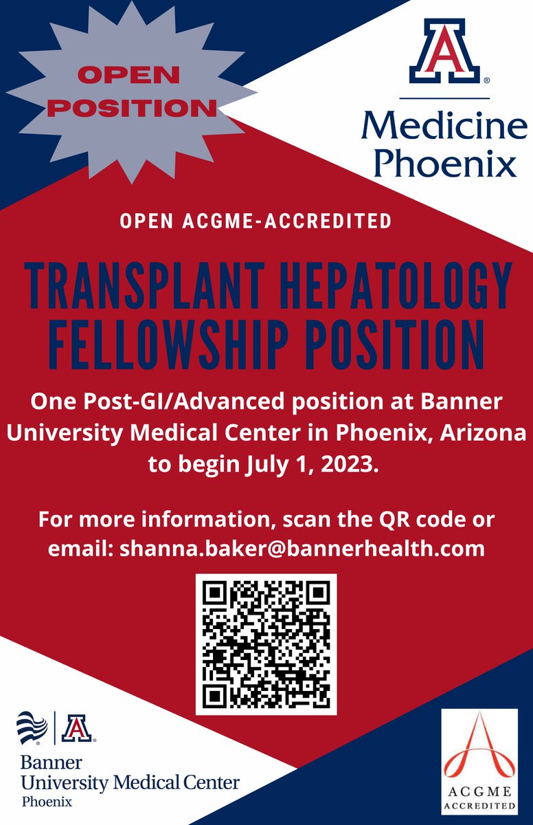 UATransplantHep's tweet photo. ๐ขAttention GI Fellowship Grads and 3rd Years: The University of Arizona College of Medicine- Phoenix is seeking a fellow to fill our Transplant Hepatology Fellowship position to begin July 2023! #GITwitter #TransplantHepatology #GIFellowship #advancedGI https://t.co/oAUfvjvZWY