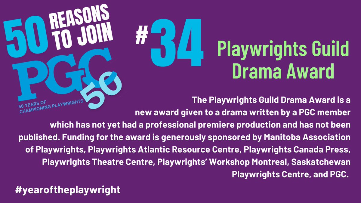 PGuildCanada's tweet photo. The countdown continues as we list 50 REASONS TO JOIN PGC!
Reason #34: Playwrights Guild Drama Award
Discover something new at PGC and start your membership today! #pgc50 #yearoftheplaywright #canadianstories https://t.co/8dB8zxk24b