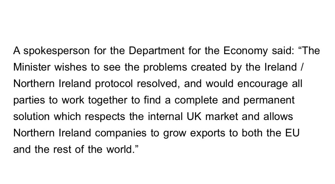 AmandaFBelfast's tweet photo. Yesterday morning I asked #Stormont’s economy department for a response to the #NIBBWG statement, in particular the comments on the risk to exporters. This was the minister’s response issued this afternoon.
#brexit #protocolbill #ireland https://t.co/TR7yxm3GTT