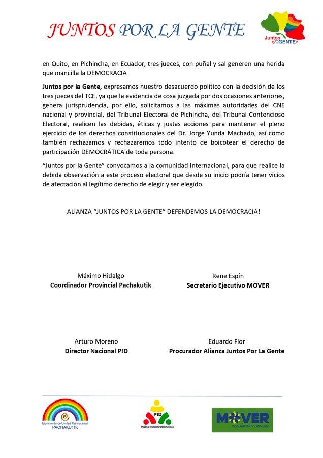 ‼️ URGENTE
Colectivo Juntos por la Gente, integrado por Pachakutik, Pueblo Igualdad Democracia y Mover, presentó un manifiesto ante el CNE para expresar su desacuerdo por la decisión del TCE en caso Yunda.
"Rechazamos las formas perversas de mancillar la democracia", recalcaron.
